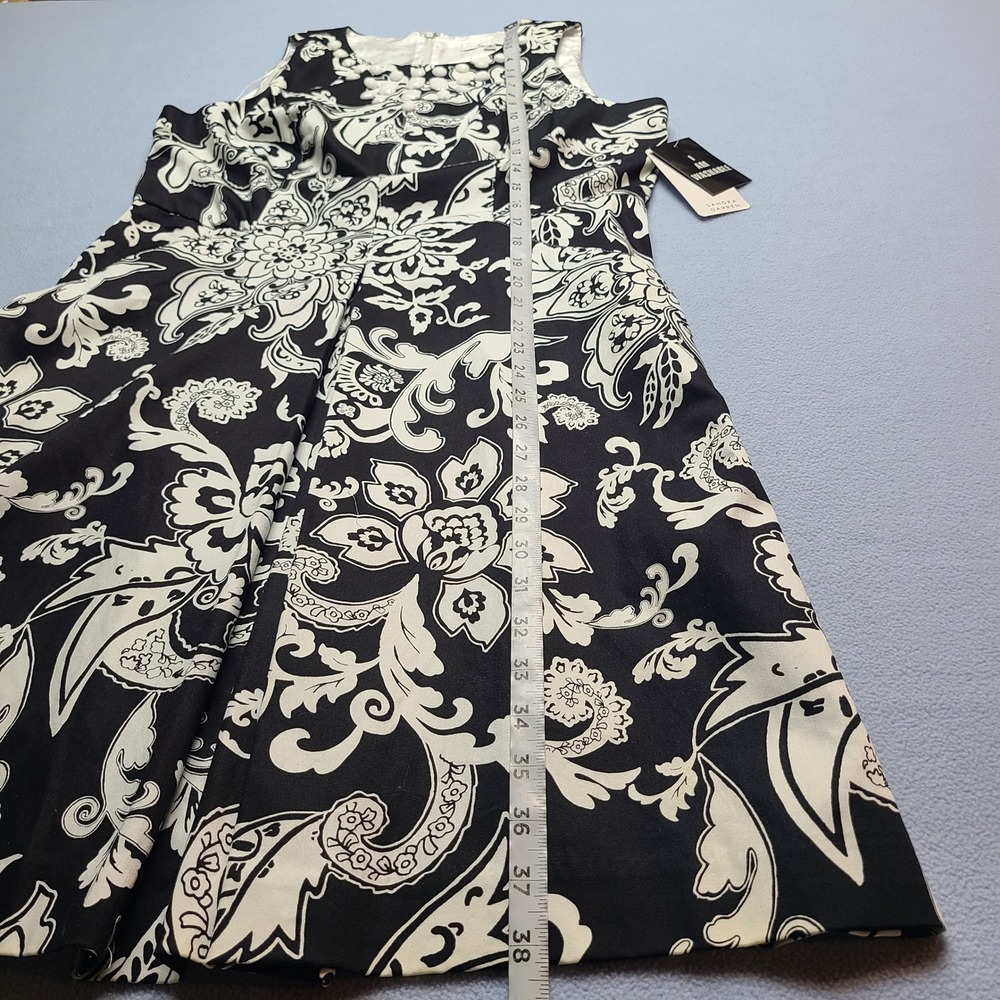 Sandra Darren Fit Flare Dress Womens 12 Black White New Floral Beaded Sleeveless - Picture 2 of 8